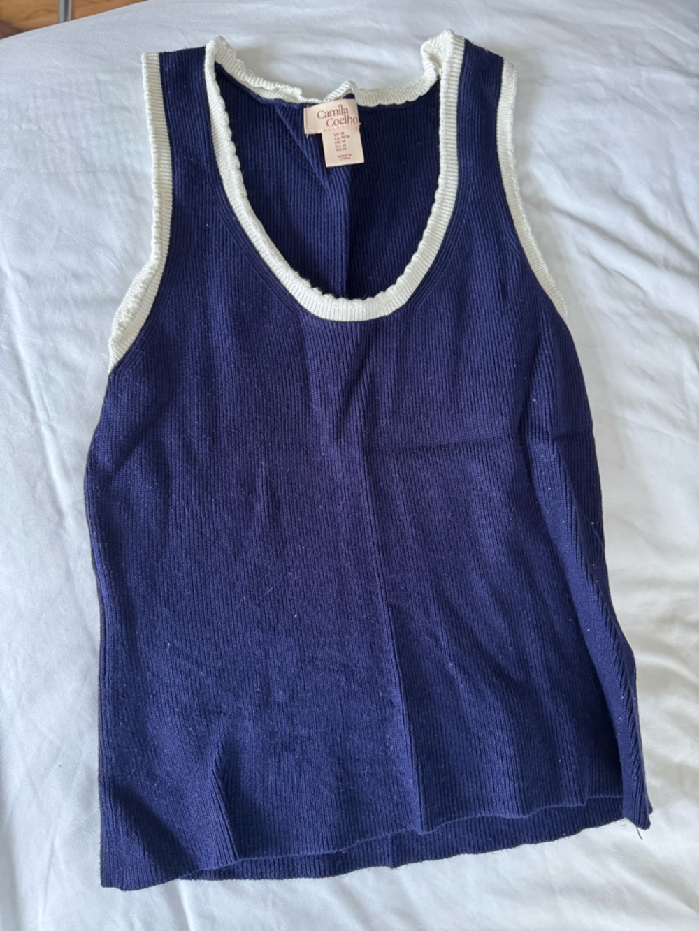 Camila Coelho Navy Blue Tank Top with Cream Trim